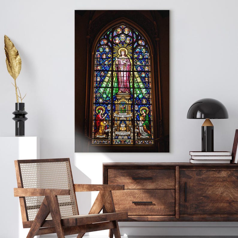 Stained Glass Religious Art Print, Christian Church Cathedral Window Canvas, Vibrant Spiritual Wall Decor