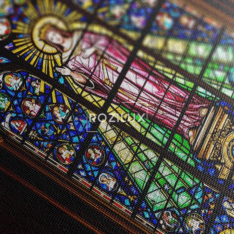 Stained Glass Religious Art Print, Christian Church Cathedral Window Canvas, Vibrant Spiritual Wall Decor