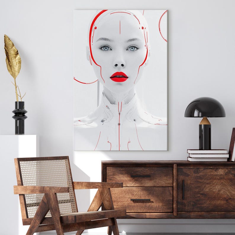 Sci Fi Cyborg Woman Canvas Wall Art, Futuristic Red White Portrait Print