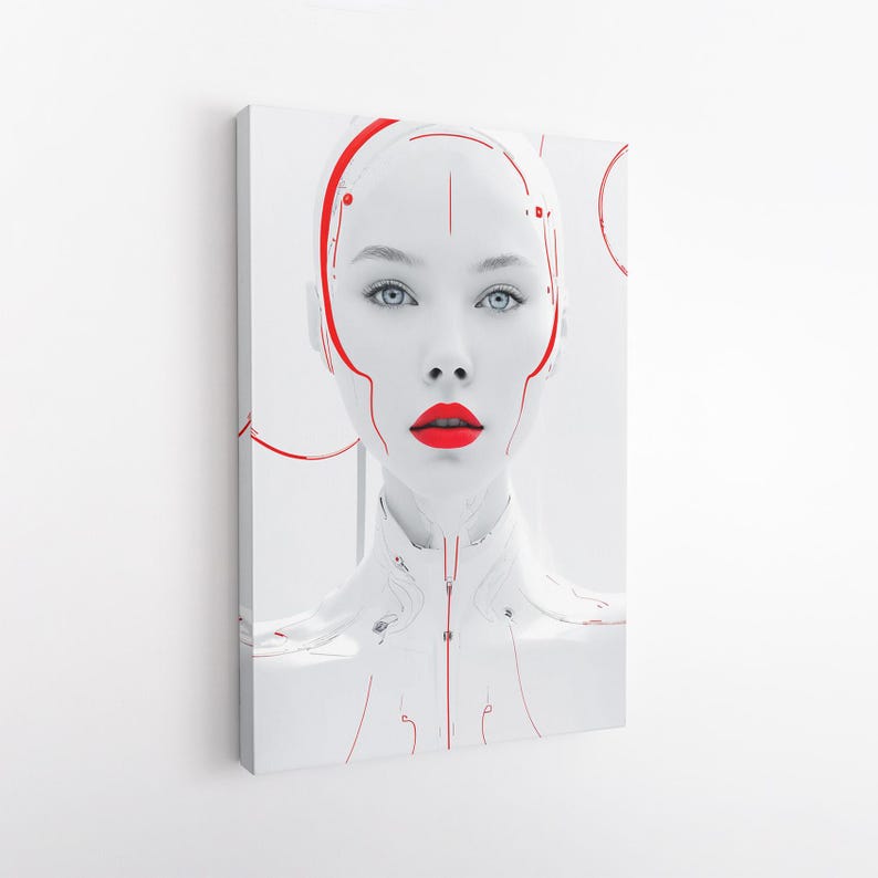 Sci Fi Cyborg Woman Canvas Wall Art, Futuristic Red White Portrait Print