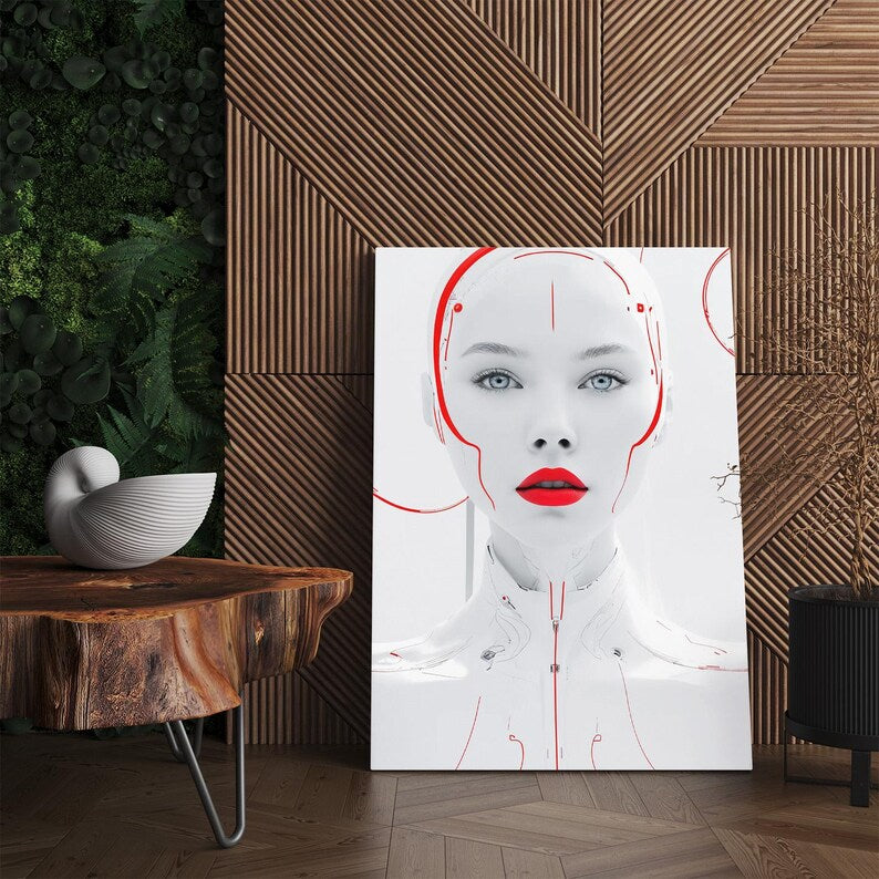 Sci Fi Cyborg Woman Canvas Wall Art, Futuristic Red White Portrait Print