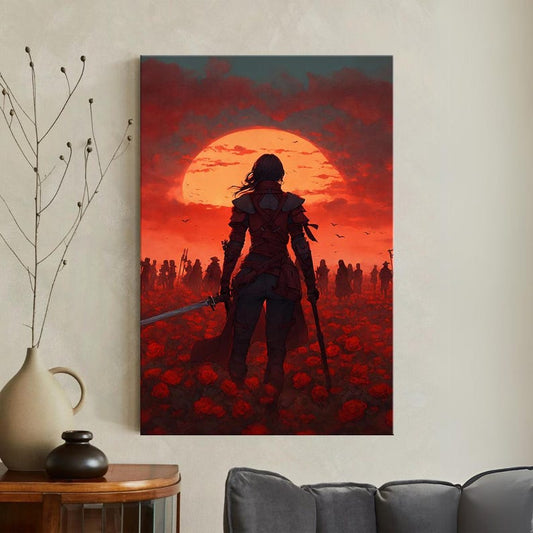 Epic Fantasy Warrior Canvas Print, Red Rose Field Wall Art, Dramatic Sunset Home Decor Gift
