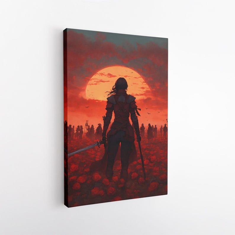 Epic Fantasy Warrior Canvas Print, Red Rose Field Wall Art, Dramatic Sunset Home Decor Gift