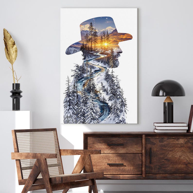 Winter Mountain Landscape Canvas Print | Man Silhouette with Cowboy Hat | Rustic Nature Wall Art | Gift For Him