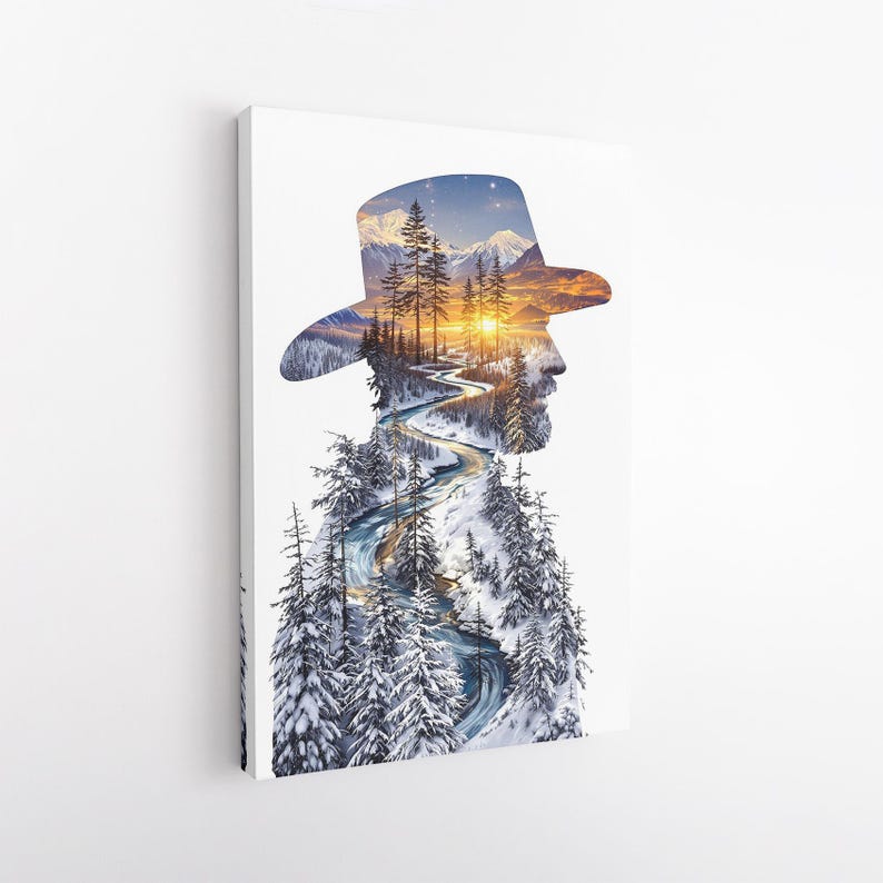 Winter Mountain Landscape Canvas Print | Man Silhouette with Cowboy Hat | Rustic Nature Wall Art | Gift For Him