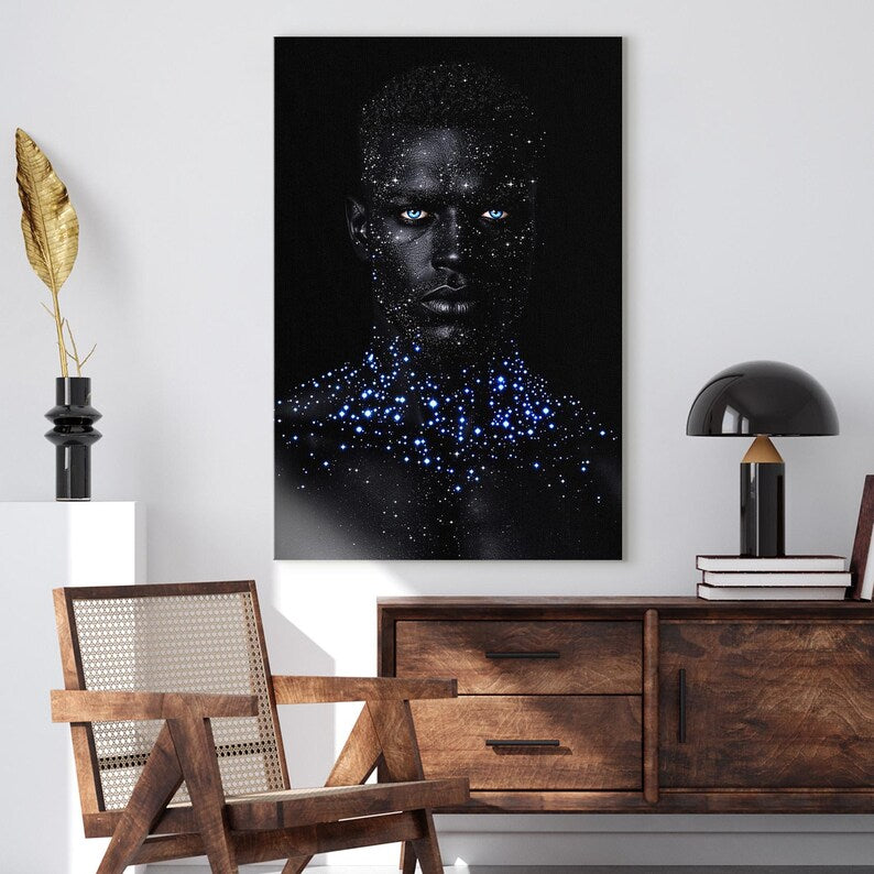 Cosmic Man Wall Art | Galaxy Body Paint Canvas Print | Striking Blue Eyes Art | Modern Fantasy Decor
