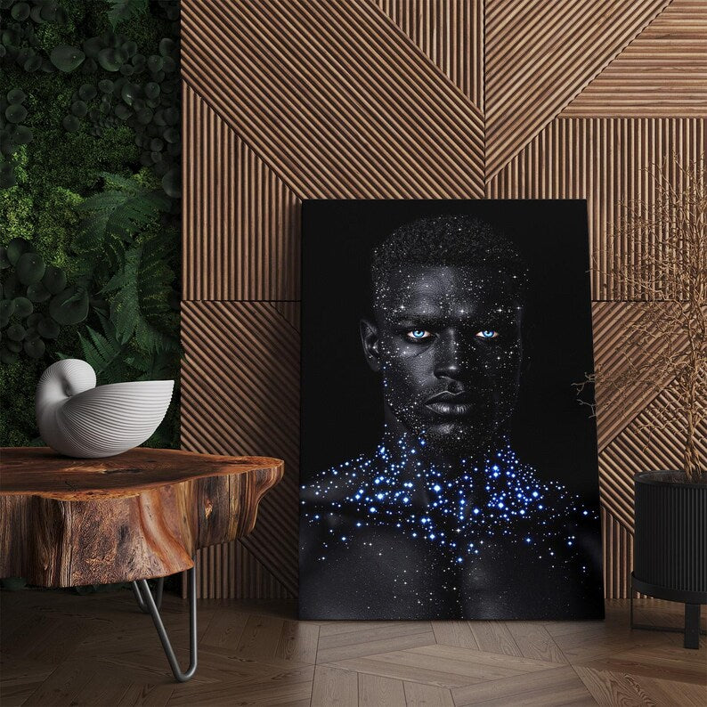 Cosmic Man Wall Art | Galaxy Body Paint Canvas Print | Striking Blue Eyes Art | Modern Fantasy Decor