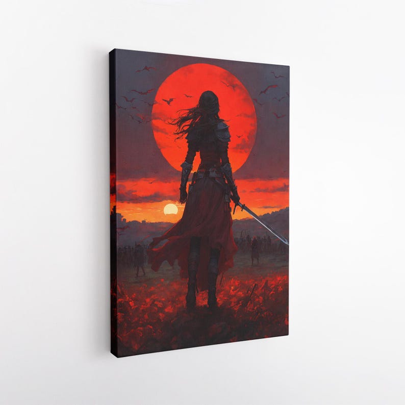 Dark Fantasy Warrior Canvas Print, Epic Red Moon Battle Scene Wall Art, Gothic Home Decor, Gift for Him