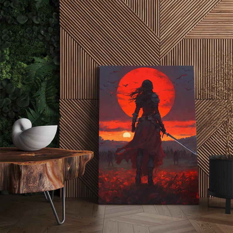 Dark Fantasy Warrior Canvas Print, Epic Red Moon Battle Scene Wall Art, Gothic Home Decor, Gift for Him