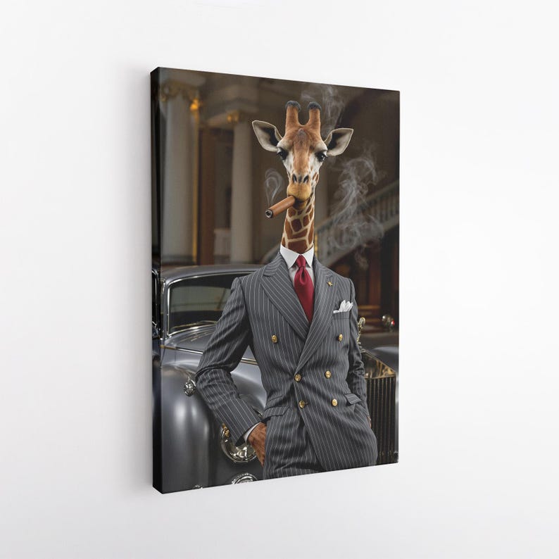 Dapper Giraffe Smoking Cigar Canvas Print | Unique Animal in Suit Wall Art | Gentleman Giraffe Art
