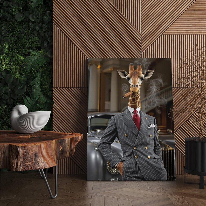 Dapper Giraffe Smoking Cigar Canvas Print | Unique Animal in Suit Wall Art | Gentleman Giraffe Art
