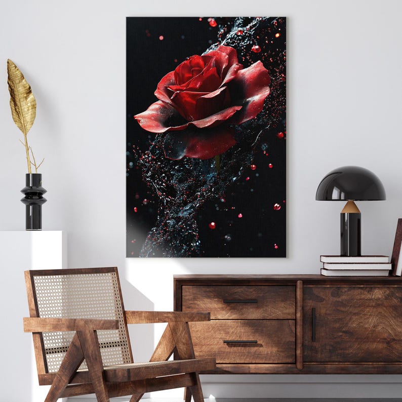 Red Rose Water Splash Canvas Print | Dramatic Dark Floral Wall Art | Romantic Bedroom Home Decor Gift