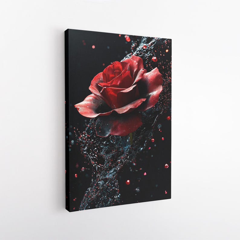 Red Rose Water Splash Canvas Print | Dramatic Dark Floral Wall Art | Romantic Bedroom Home Decor Gift