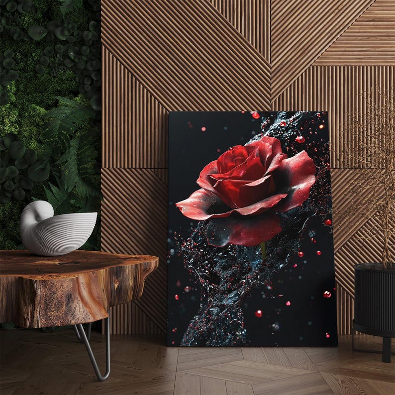 Red Rose Water Splash Canvas Print | Dramatic Dark Floral Wall Art | Romantic Bedroom Home Decor Gift