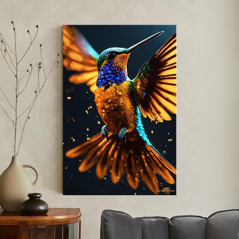 Hummingbird Canvas Print | Vibrant Colorful Bird Wall Art with Gold Dust | Exotic Home Decor | Nature Art Ready to Hang, Large Canvas