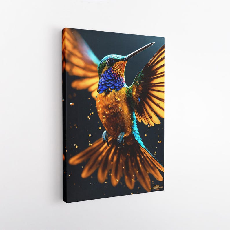 Hummingbird Canvas Print | Vibrant Colorful Bird Wall Art with Gold Dust | Exotic Home Decor | Nature Art Ready to Hang, Large Canvas