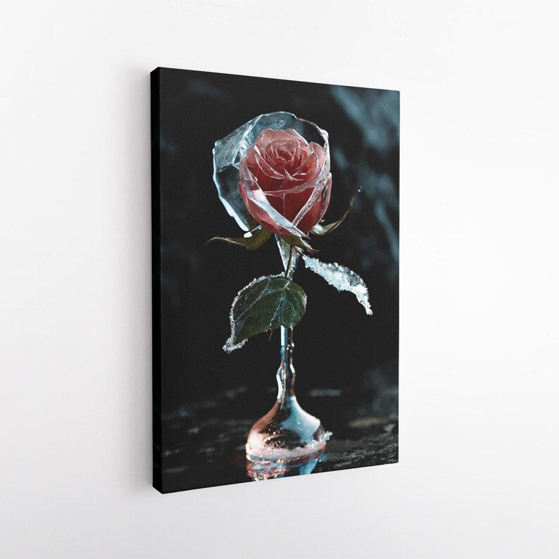 Dramatic Frozen Rose Wall Art | Ice Flower Canvas Print | Unique Floral Home Decor