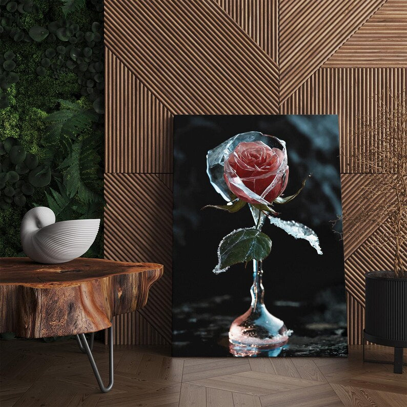 Dramatic Frozen Rose Wall Art | Ice Flower Canvas Print | Unique Floral Home Decor