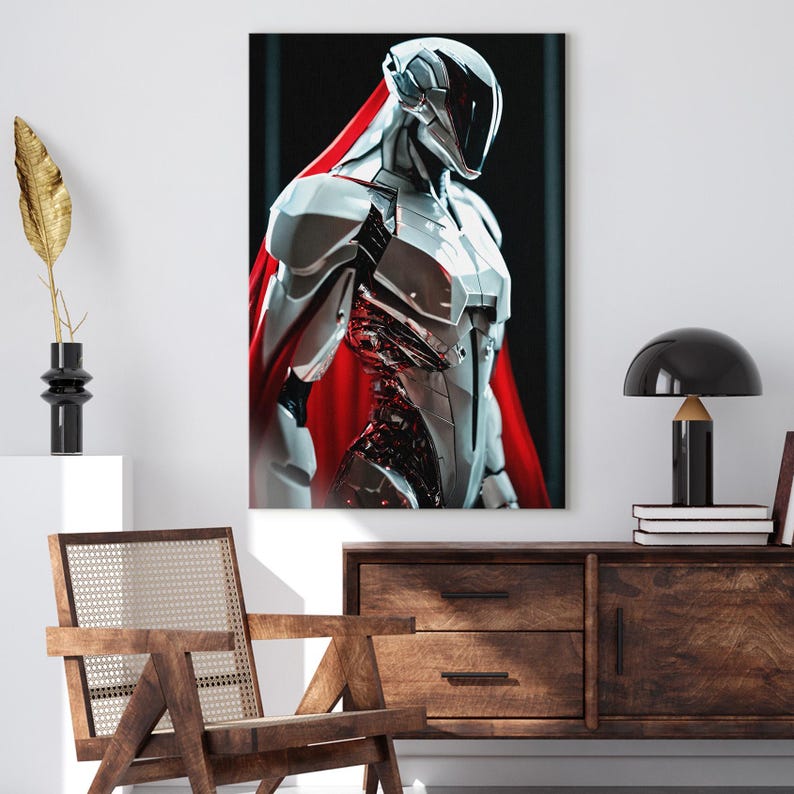 Futuristic Robot Wall Art, Cyberpunk Sci Fi Canvas Print, Metallic Silver & Red Decor, Gift for Him
