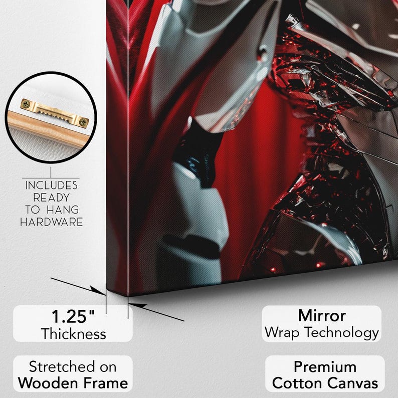 Futuristic Robot Wall Art, Cyberpunk Sci Fi Canvas Print, Metallic Silver & Red Decor, Gift for Him