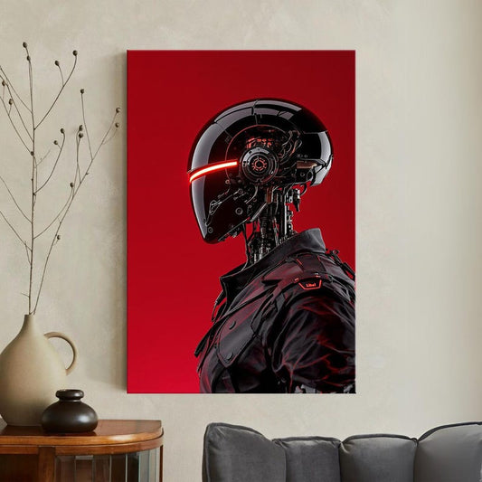 Sci-Fi Robot Canvas Print, Cyberpunk Wall Art, Futuristic Red and Black Cyborg Decor