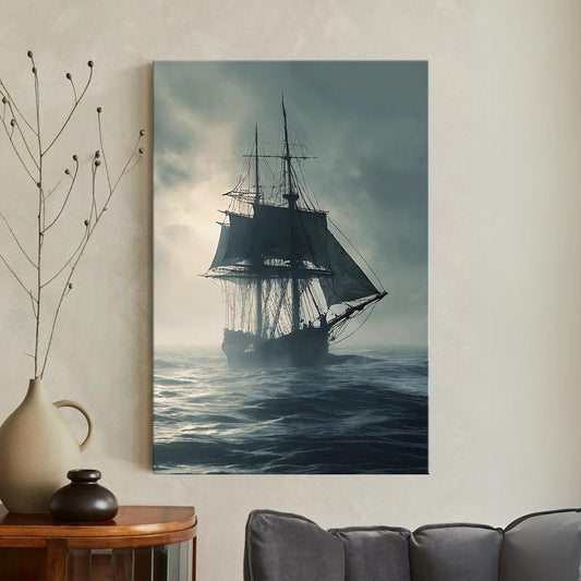 Epic Stormy Sea Ship Canvas Print, Nautical Tall Ship Ocean Wall Art, Moody Maritime Decor