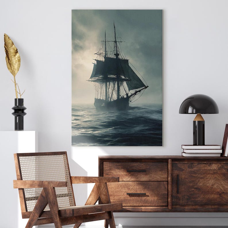Epic Stormy Sea Ship Canvas Print, Nautical Tall Ship Ocean Wall Art, Moody Maritime Decor