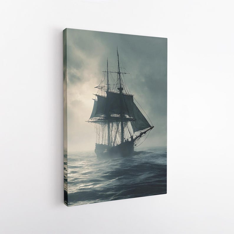 Epic Stormy Sea Ship Canvas Print, Nautical Tall Ship Ocean Wall Art, Moody Maritime Decor
