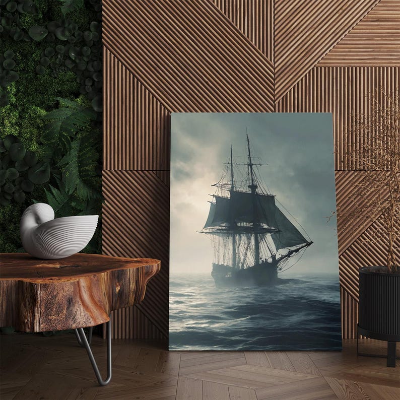 Epic Stormy Sea Ship Canvas Print, Nautical Tall Ship Ocean Wall Art, Moody Maritime Decor