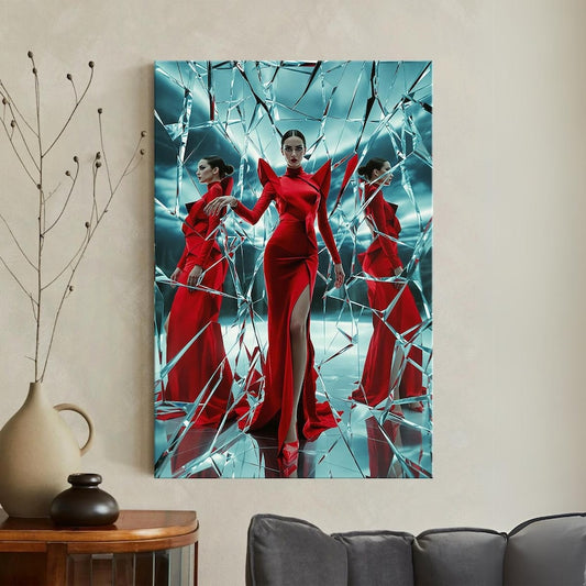 Modern Fashion Wall Art, Red Dress Broken Mirror Print, Elegant Woman Canvas Art, Luxury Decor for Living Room