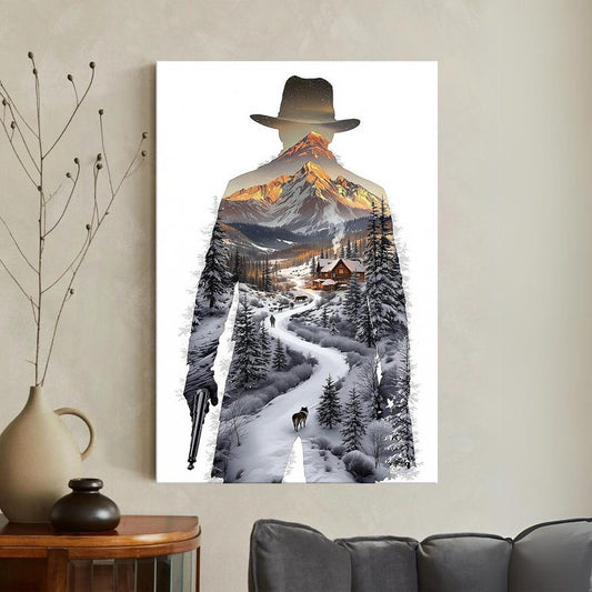 Winter Mountain Landscape Cowboy Silhouette Canvas Print, Rustic Cabin Scene Nature Wall Art, Gift For Him