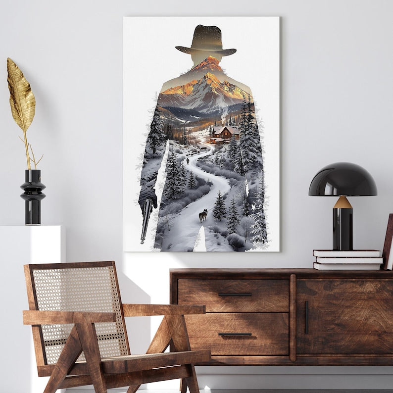 Winter Mountain Landscape Cowboy Silhouette Canvas Print, Rustic Cabin Scene Nature Wall Art, Gift For Him