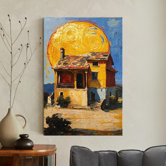 Vibrant Textured House Canvas Print | Impasto Style Landscape Wall Art | Colorful Sun Painting