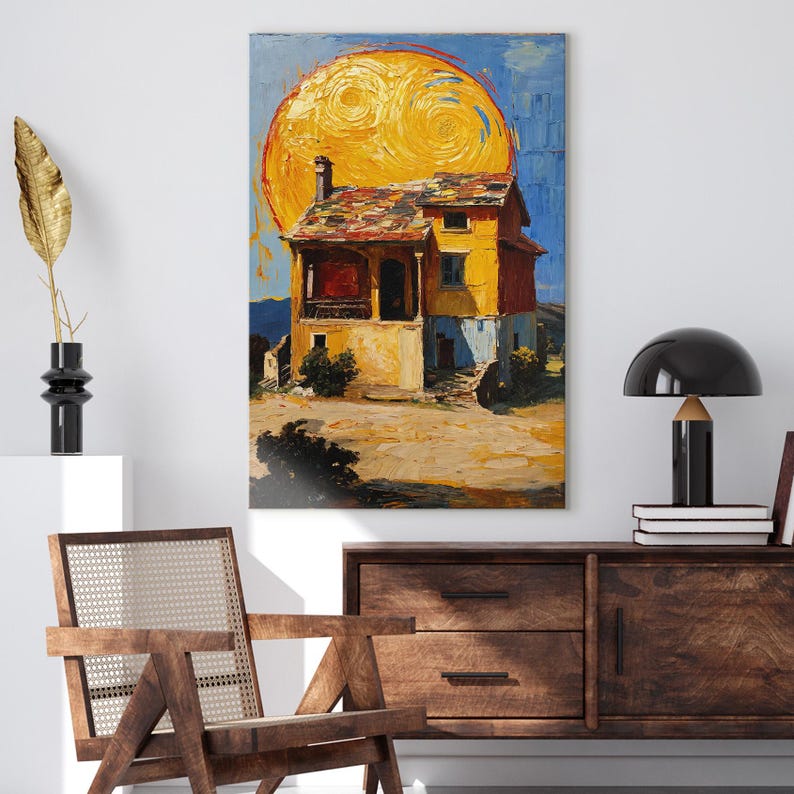 Vibrant Textured House Canvas Print | Impasto Style Landscape Wall Art | Colorful Sun Painting
