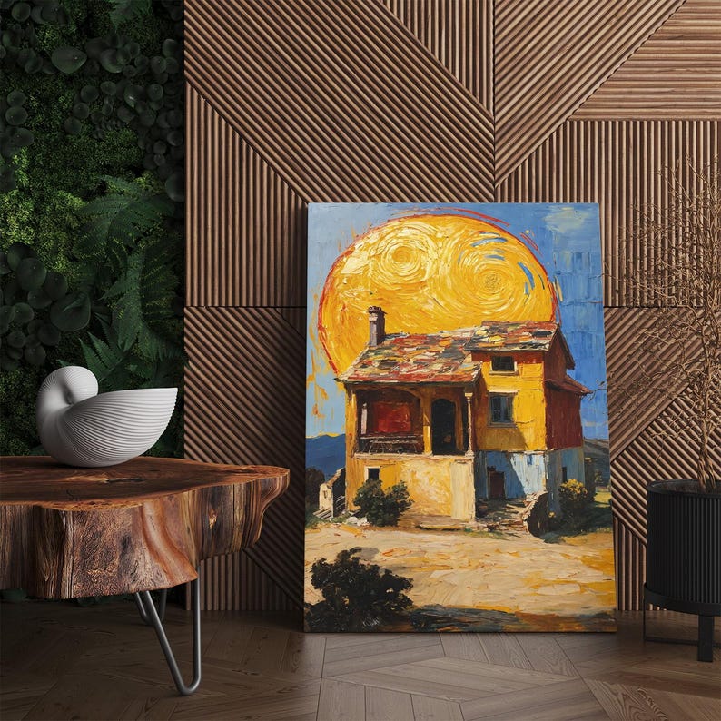 Vibrant Textured House Canvas Print | Impasto Style Landscape Wall Art | Colorful Sun Painting