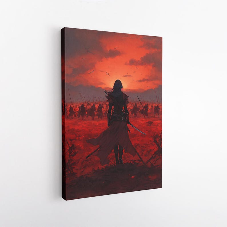 Fantasy Warrior Battle Scene Canvas Print | Epic Red Sky Dark Art Wall Decor for Game Room or Office