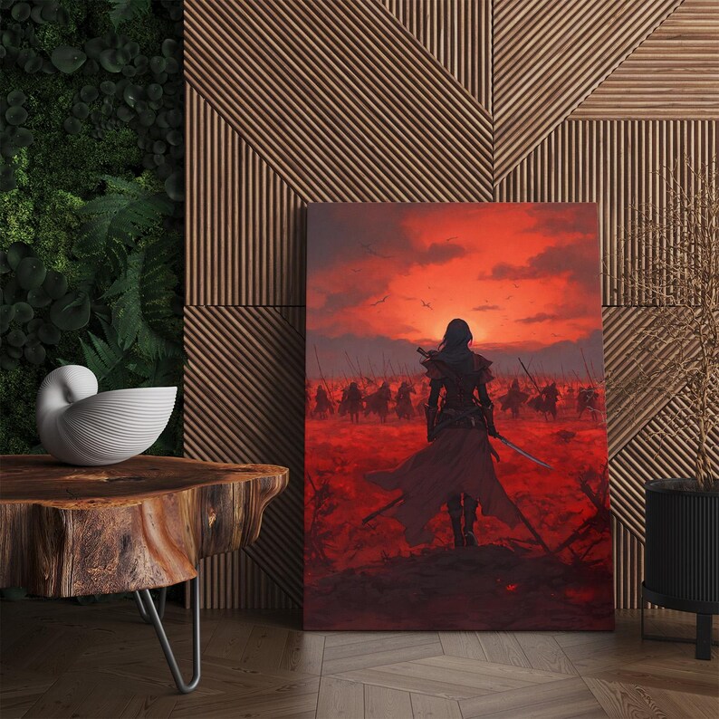 Fantasy Warrior Battle Scene Canvas Print | Epic Red Sky Dark Art Wall Decor for Game Room or Office