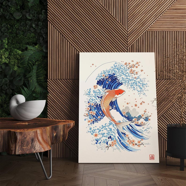 Japanese Koi Fish Canvas Print, Great Wave Wall Art, Cherry Blossom Ukiyo-e Style Art Print