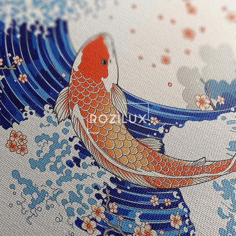 Japanese Koi Fish Canvas Print, Great Wave Wall Art, Cherry Blossom Ukiyo-e Style Art Print