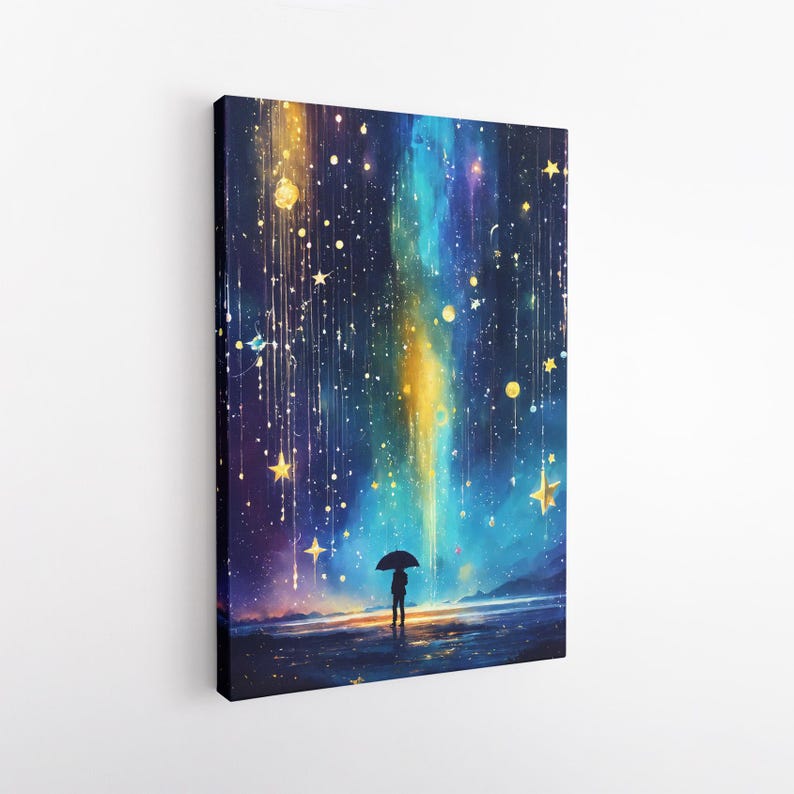 Magical Starfall Canvas Print, Person with Umbrella Art, Fantasy Sky Wall Art, Dreamy Cosmic Decor