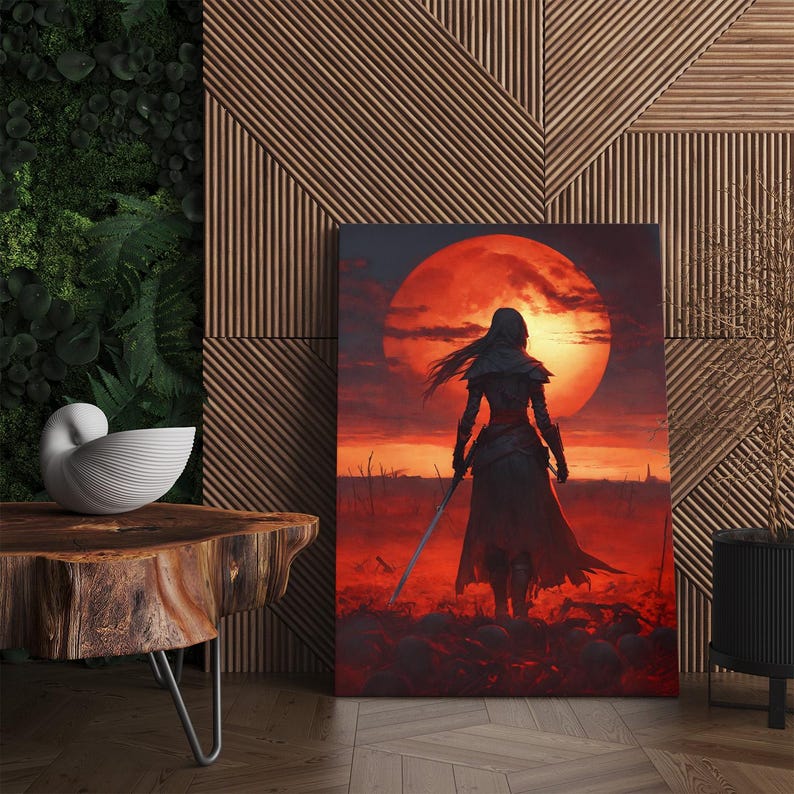 Dark Fantasy Warrior Canvas Print | Red Moon Epic Wall Art | Hooded Figure on Battlefield | Gothic Home Decor Gift for Him