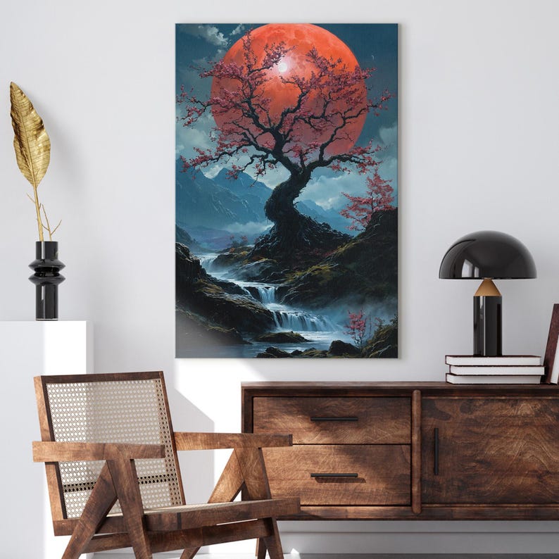 Mystical Cherry Blossom Blood Moon Canvas Print, Japanese Landscape Mountain Wall Art, Nature River Decor