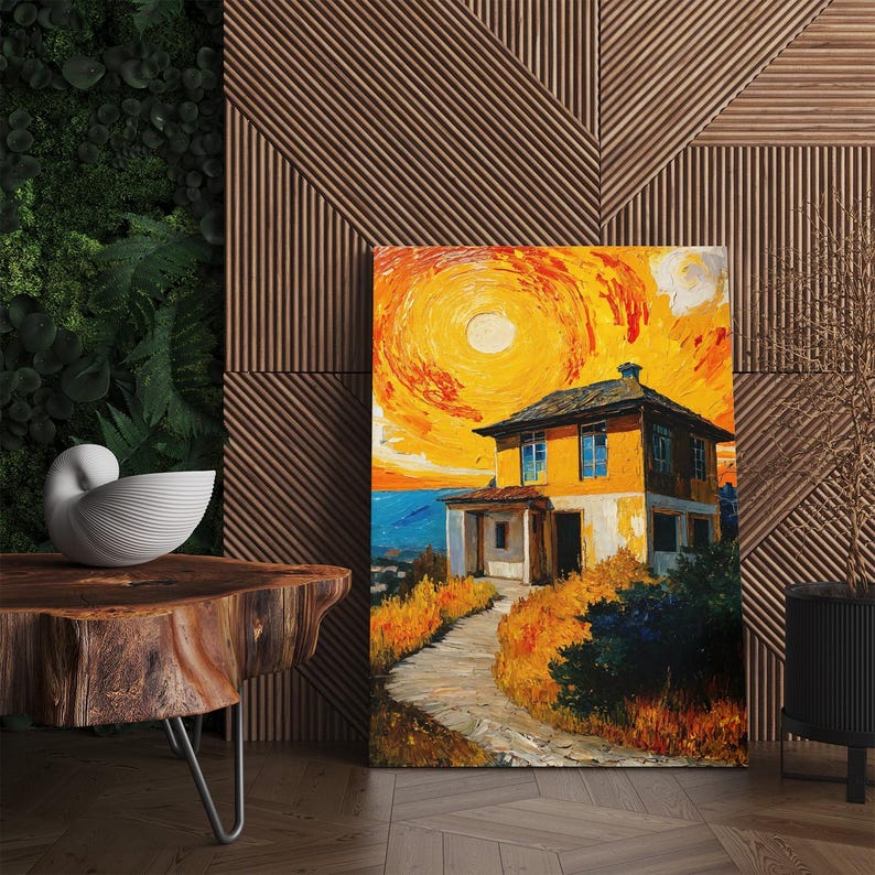 Van Gogh Style House Canvas Print, Vibrant Impasto Landscape Wall Art, Textured Oil Painting Print, Sunny Orange Home Decor