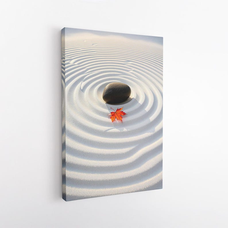 Zen Garden Canvas Print | Minimalist Meditation Wall Art | Peaceful Stone and Leaf Home Decor | Serene Nature Print