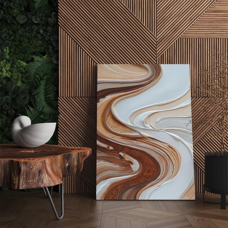 Neutral Abstract Canvas Print, Brown White Beige Swirl Wall Art, Modern Textured Home Decor, Large Wall Art