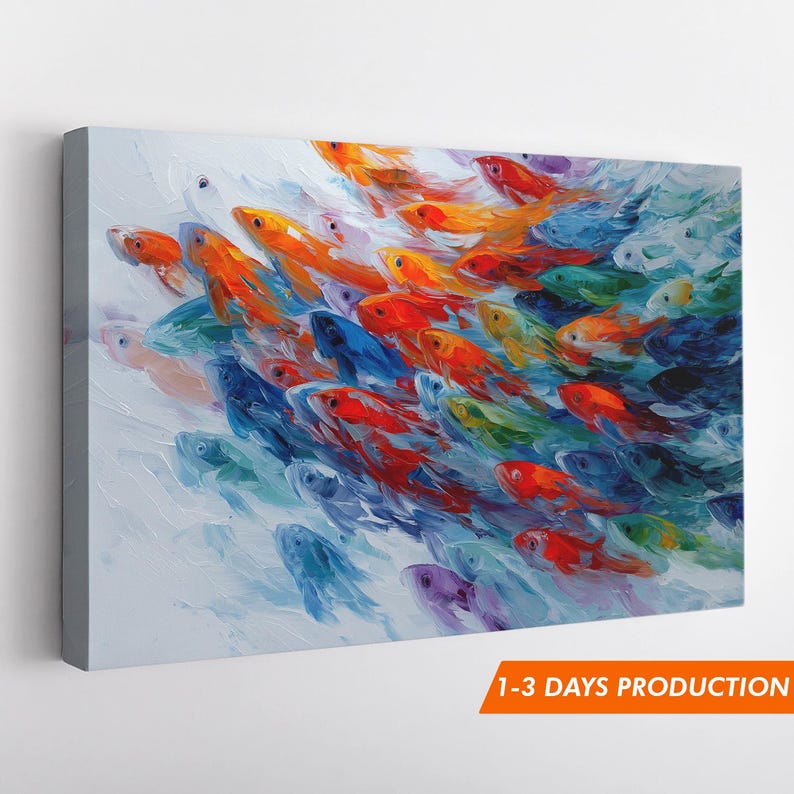 Abstract Fish Shoal Wall Art, Lake House Decor, Colourful Oil Painting Style Canvas Print, Modern Coastal Sea Ocean Life Kitchen, Livingroom
