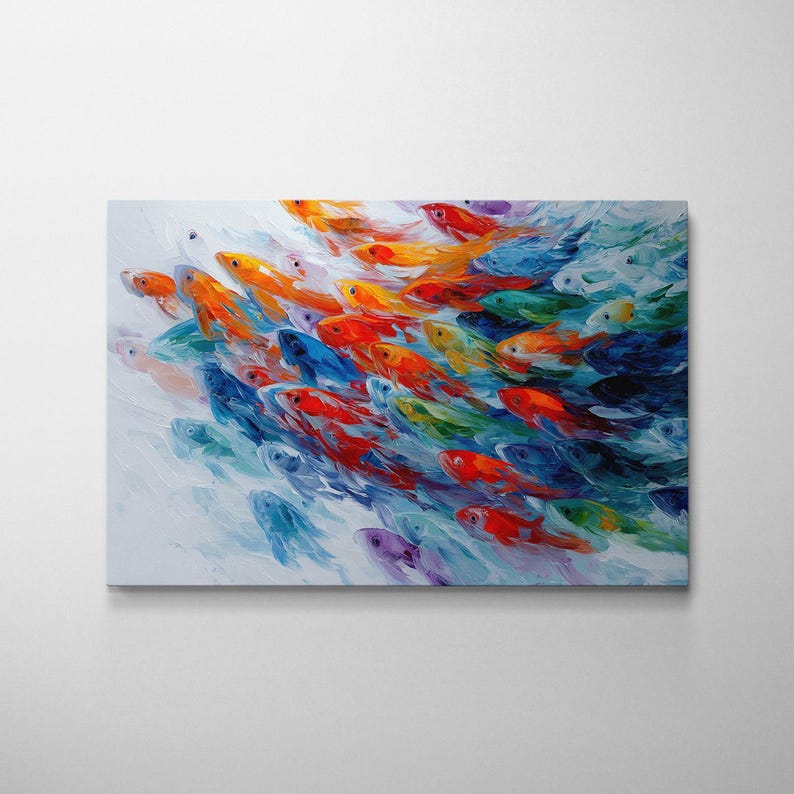 Abstract Fish Shoal Wall Art, Lake House Decor, Colourful Oil Painting Style Canvas Print, Modern Coastal Sea Ocean Life Kitchen, Livingroom