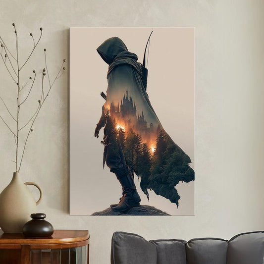 Fantasy Archer Wall Art, Hooded Figure Castle Forest Print, Epic Medieval Canvas Art Home Decor