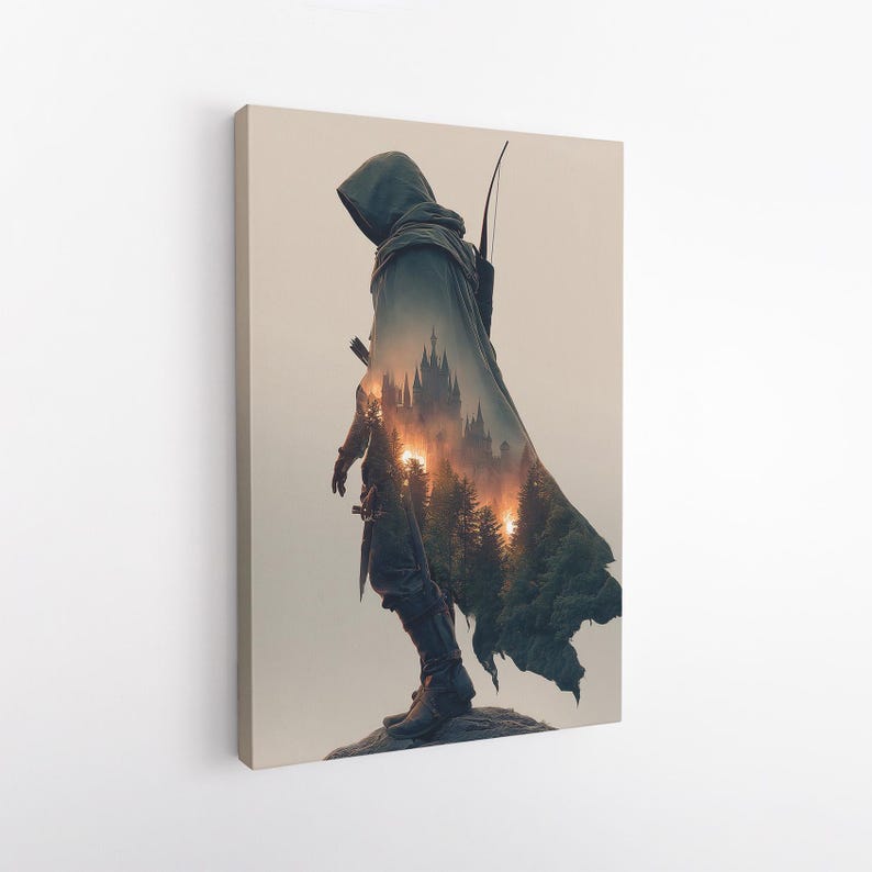 Fantasy Archer Wall Art, Hooded Figure Castle Forest Print, Epic Medieval Canvas Art Home Decor
