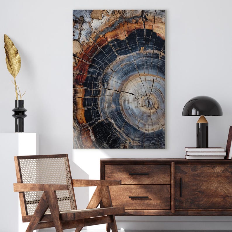Petrified Wood Canvas Print, Abstract Tree Ring Wall Art, Natural Stone Wood Decor Boho
